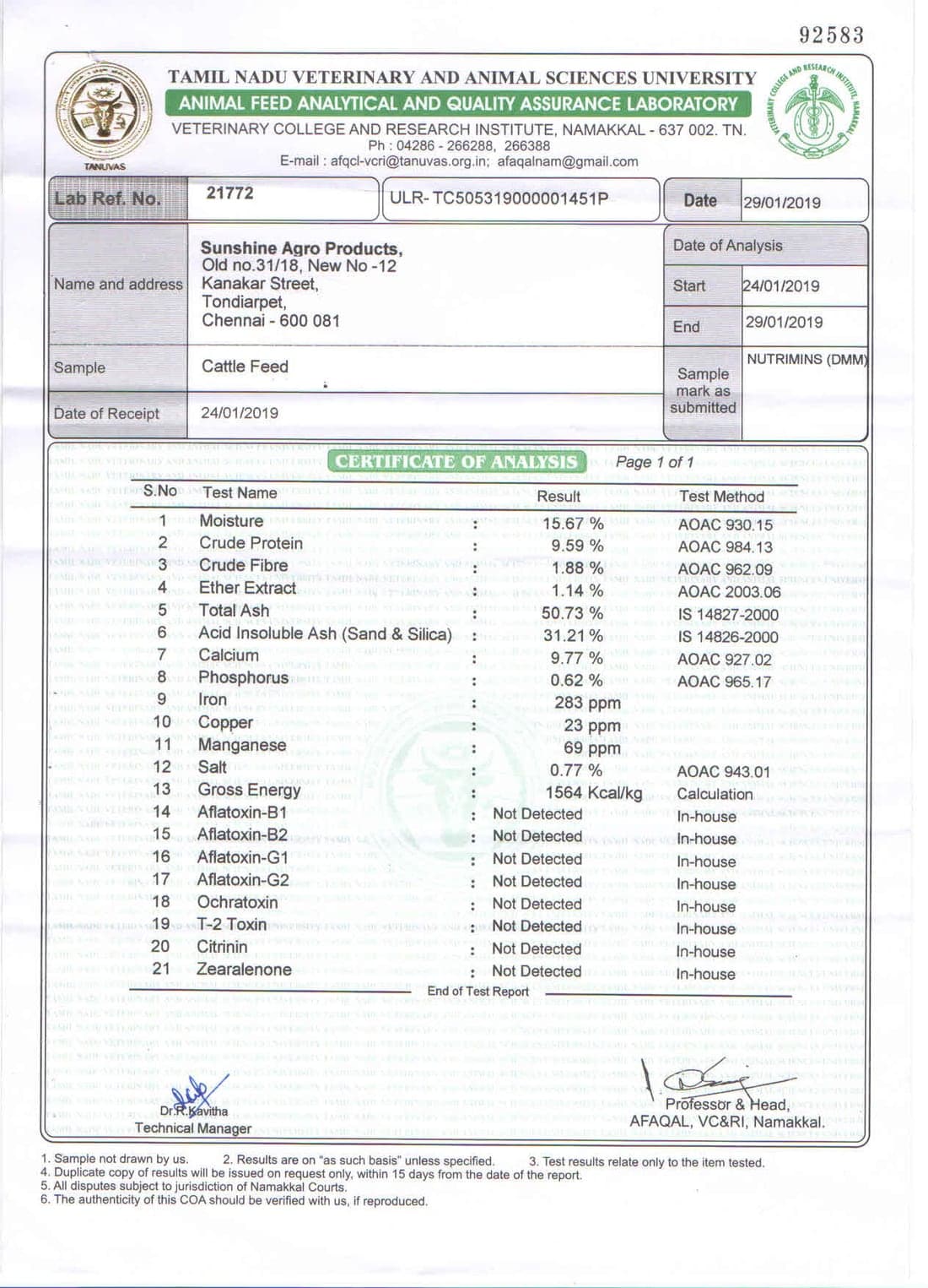 TANUVAS certificate of analysis for Nutrimins (DMM)