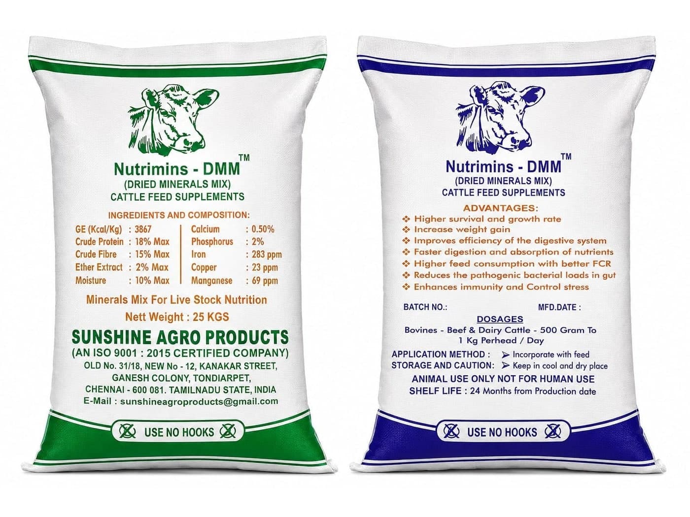 Nutrimins-DMM 25 kg bags, front and back