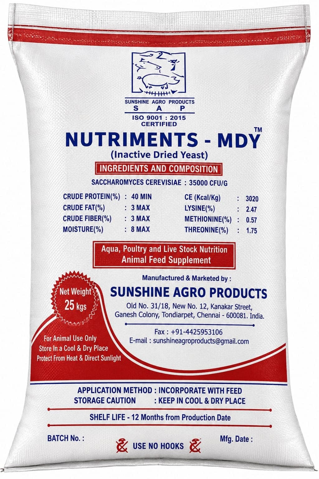 Nutriments-MDY 25 kg bag, front, with ingredients and composition